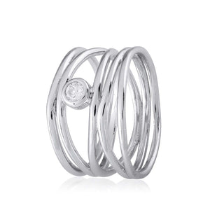 Lines Cubic Zirconia Stirling Silver Rhodium Plated Ring