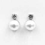 Bezel claw set white fresh water pearl sterling silver rhodium plated earrings