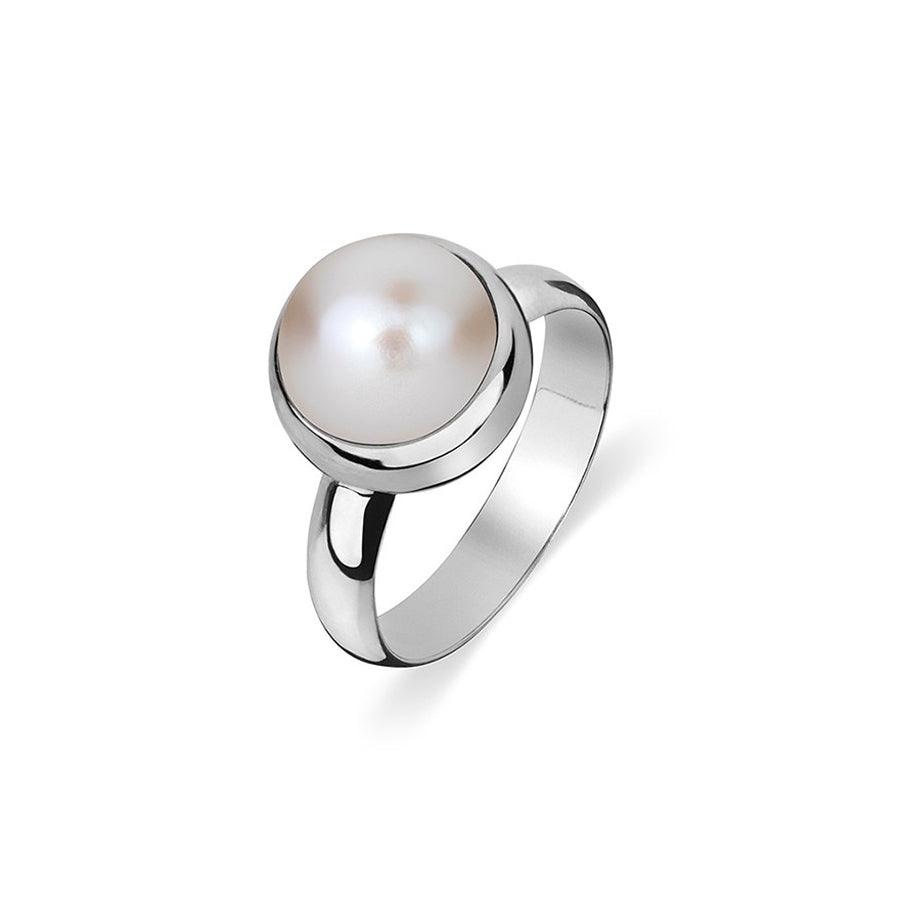 Bezel white fresh water pearl sterling silver ring