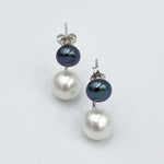 Double black white fresh water pearl sterling silver rhodium plated earrings