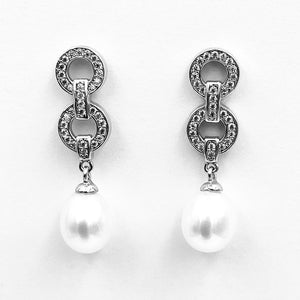 Double circle cubic zirconia white fresh water pearl sterling silver rhodium plated earrings