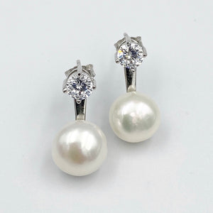 Double white fresh water pearl and cubic zirconia sterling silver rhodium plated earrings