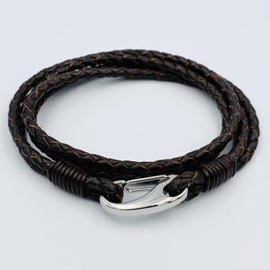 Double wrap brown leather stainless steel clasp bracelet
