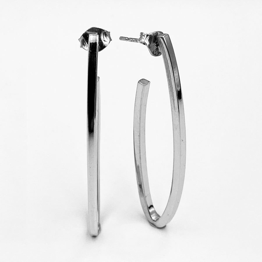 Hoop long oval sterling silver rhodium plated earrings
