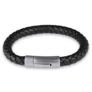 Leather black stainless steel clip clasp bracelet