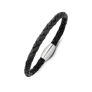 Leather black stainless steel magnetic dome clasp bracelet