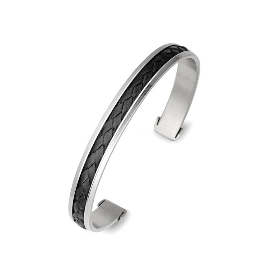 
            
                Load image into Gallery viewer, Cuff stainless steel black leather bangle
            
        
