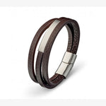 Multi strand bracelet brown leather stainless steel plate and clasp
