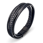 Multi strand leather black stainless steel bracelet