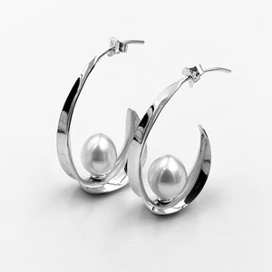 Oval hoop sterling silver white fresh water pearl earrings