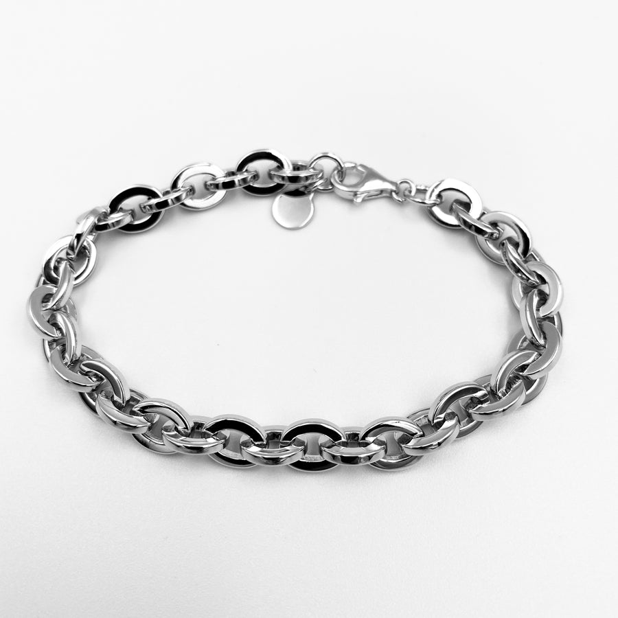 Oval link belcher sterling silver rhodium plated bracelet