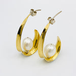 Oval sterling silver gold plated white fresh water pearl earrings