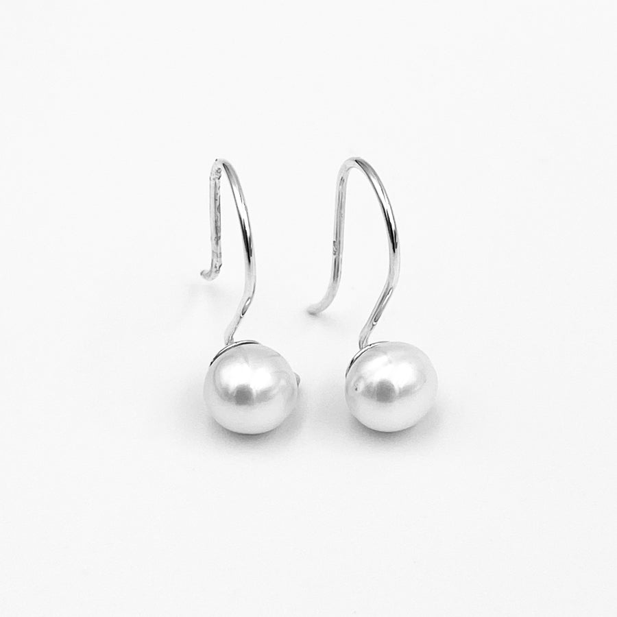 Petite sterling silver 7mm white fresh water pearl shepherd hook earrings