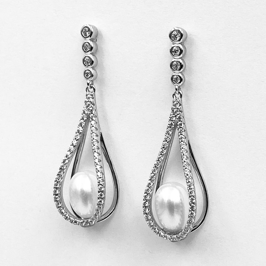 
            
                Load image into Gallery viewer, Tear drop white fresh water pearl cubic zirconia sterling silver rhodium plated earrings
            
        