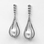Tear drop white fresh water pearl cubic zirconia sterling silver rhodium plated earrings