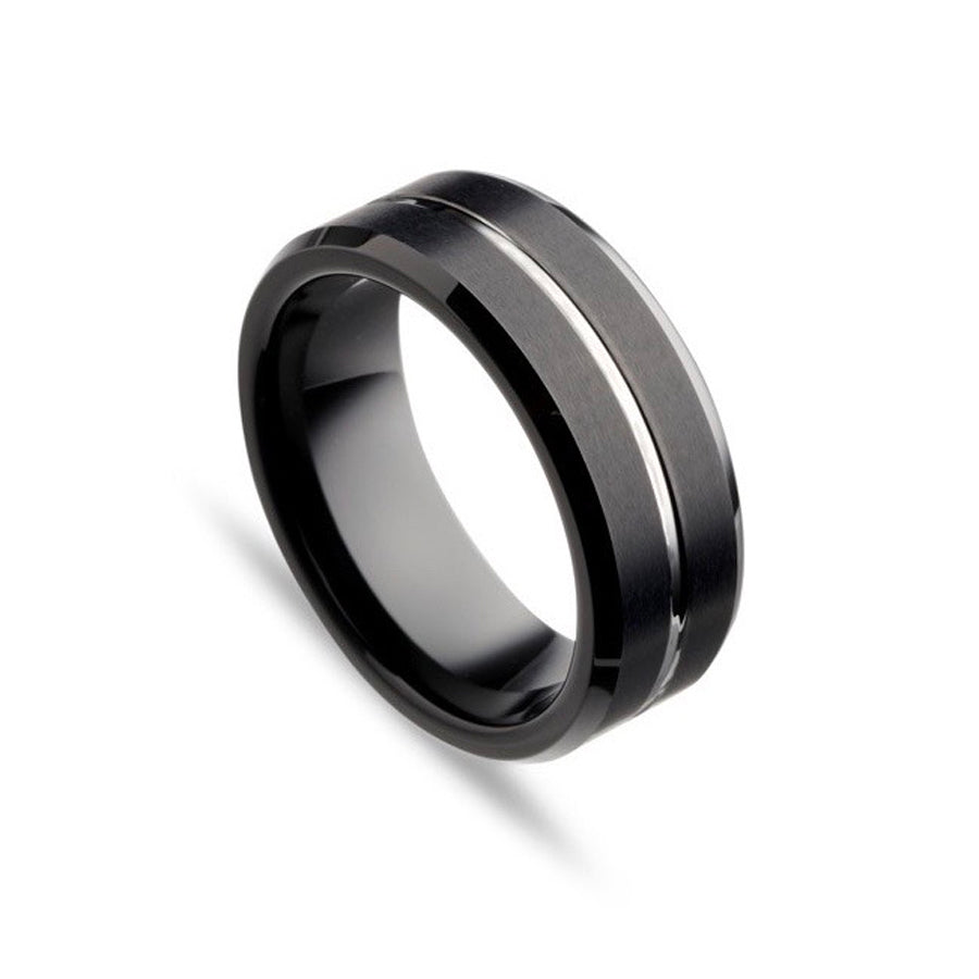Tungsten ring black squared matt finish with polished faceted sides and centre groove