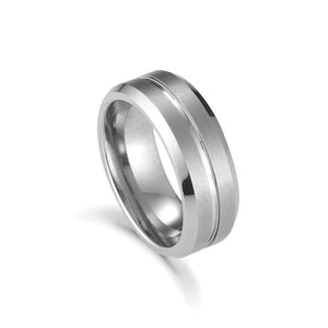 Tungsten ring squared matt finish with polished faceted sides and centre groove