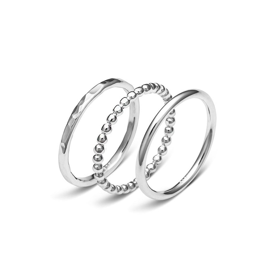 Wish 3 piece sterling silver hammered ball domed ring set